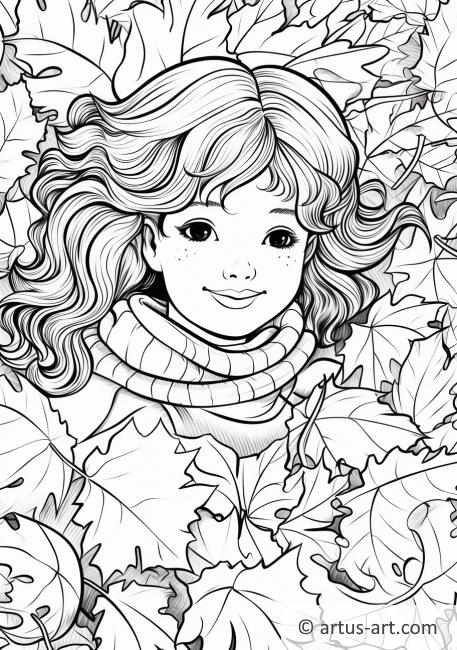 Ребенок играет в куче листьев Раскраска